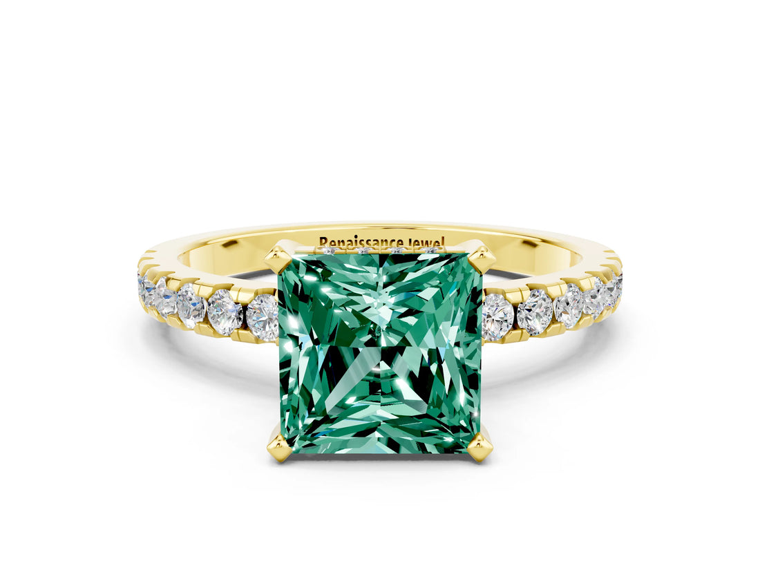 Yellow gold Princess Cut Green Sapphire Solitaire Ring with Pavé Band and Four-Prong Setting_24