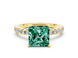 Yellow gold Princess Cut Green Sapphire Solitaire Ring with Pavé Band and Four-Prong Setting_24