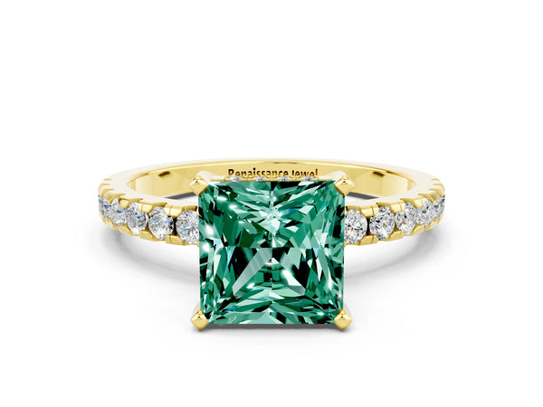 Yellow gold Princess Cut Green Sapphire Solitaire Ring with Round  Pavé Band and Four-Prong Setting