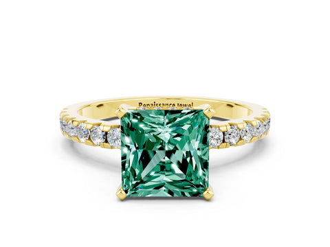 Yellow gold Princess Cut Green Sapphire Solitaire Ring with Pavé Band and Four-Prong Setting_24