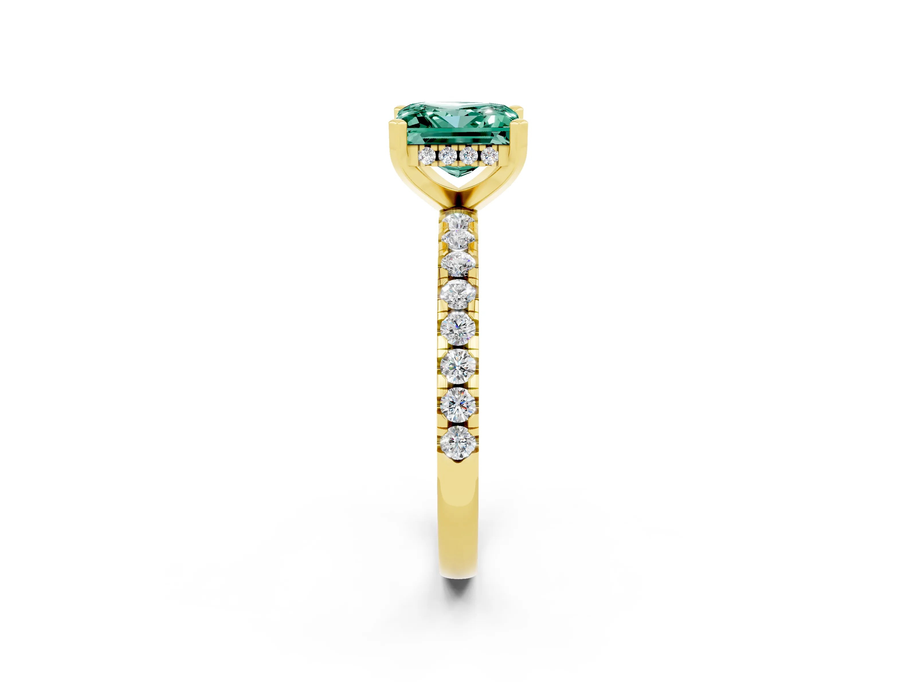 Yellow gold Princess Cut Green Sapphire Solitaire Ring with Pavé Band and Four-Prong Setting_26
