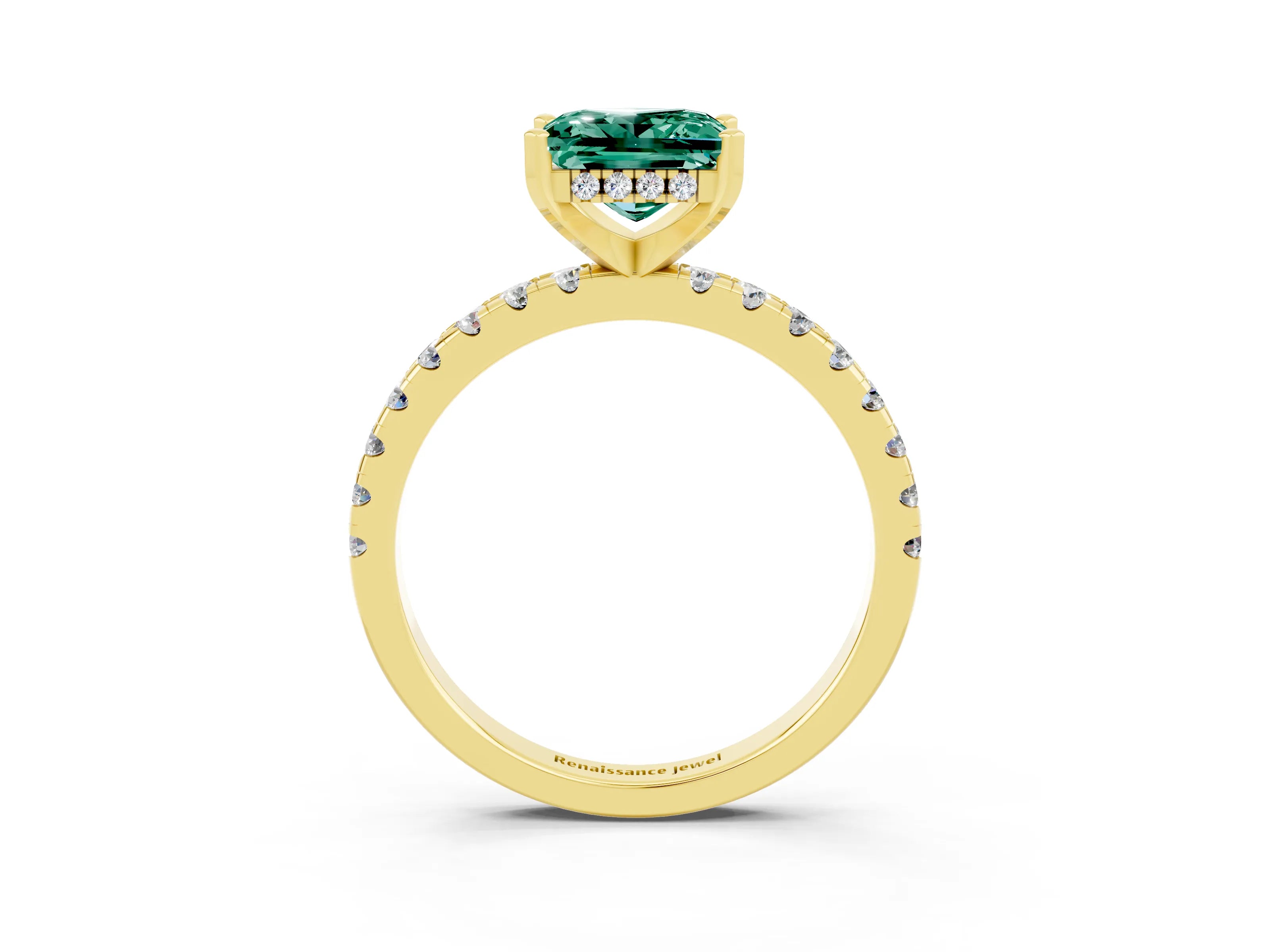 Yellow gold Princess Cut Green Sapphire Solitaire Ring with Pavé Band and Four-Prong Setting_27
