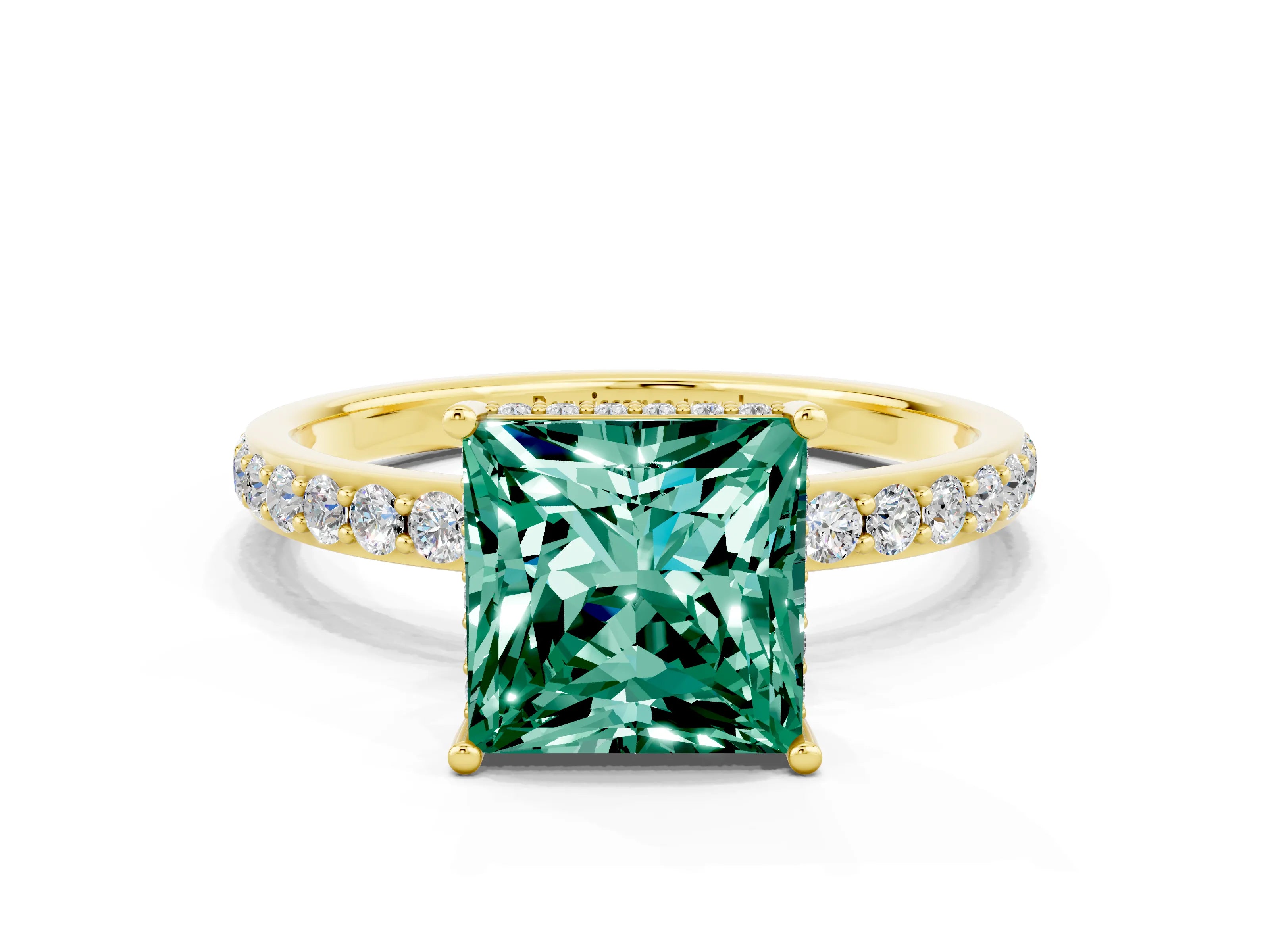 Yellow gold Princess Cut Green Sapphire Solitaire Ring with Pavé Band and Hidden Halo_12