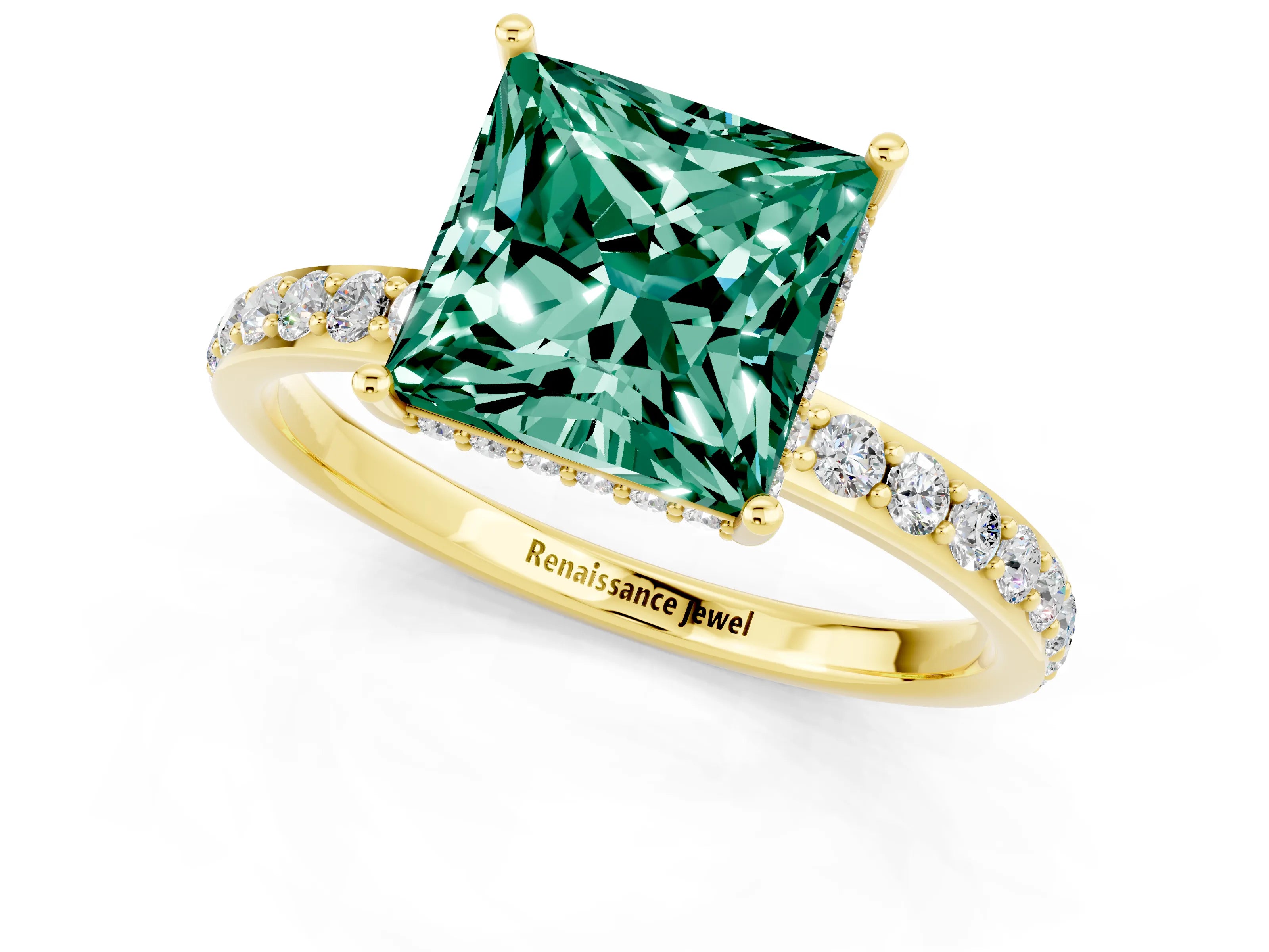 Yellow gold Princess Cut Green Sapphire Solitaire Ring with Pavé Band and Hidden Halo_13