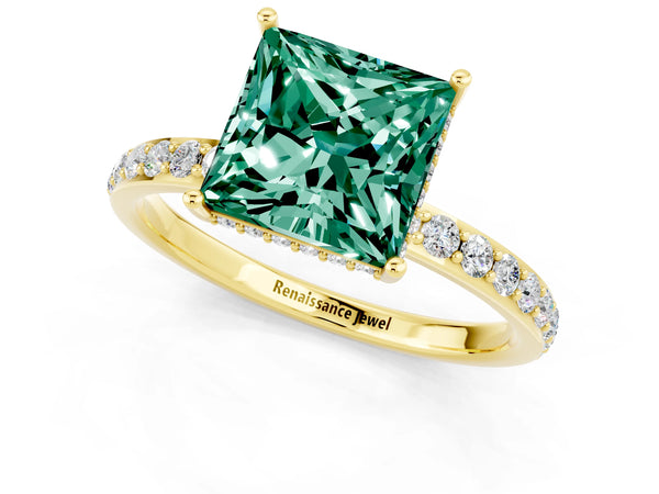 Yellow gold Princess Cut Green Sapphire Solitaire Ring with Pavé Band and Hidden Halo