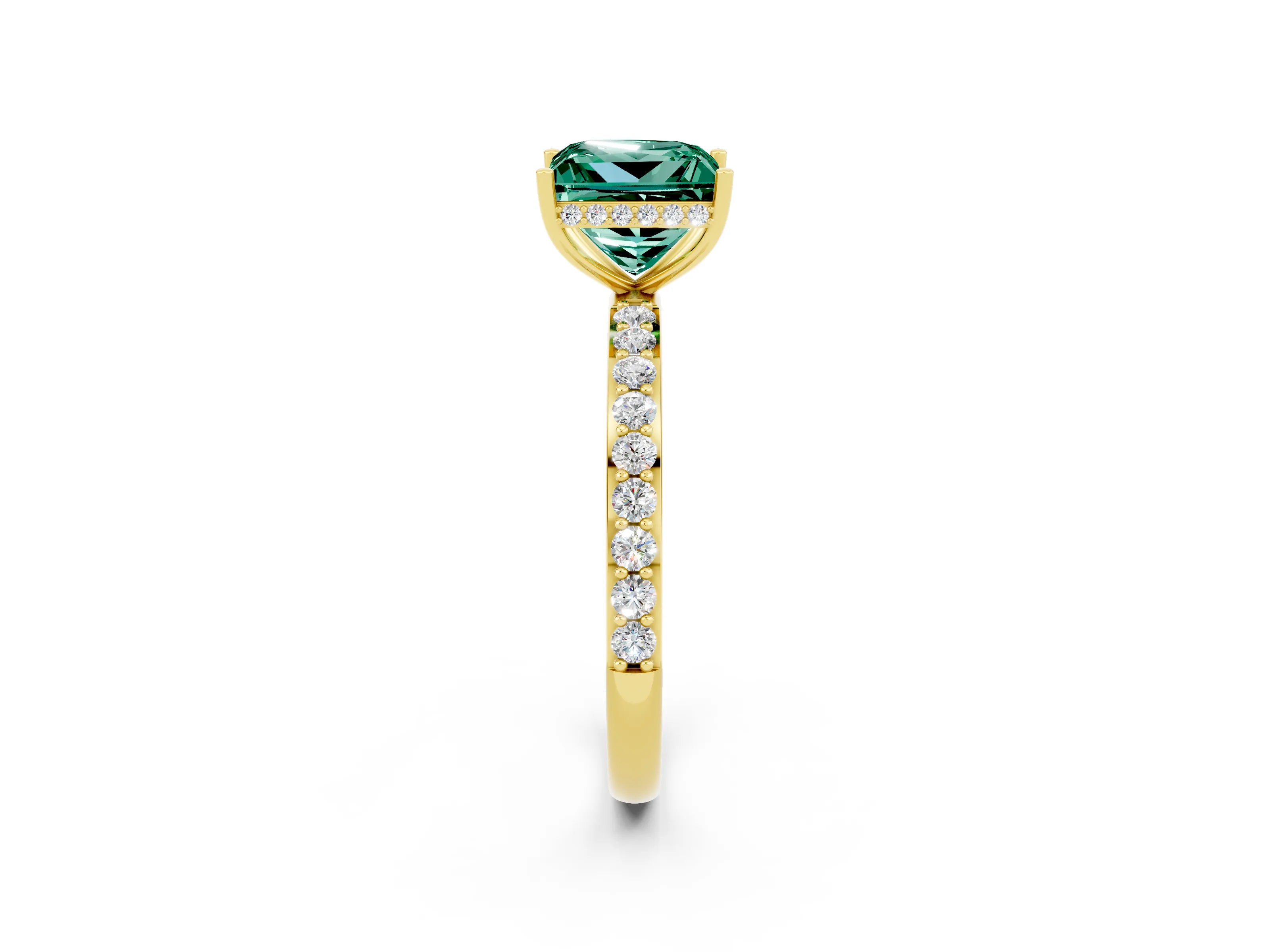 Yellow gold Princess Cut Green Sapphire Solitaire Ring with Pavé Band and Hidden Halo_14