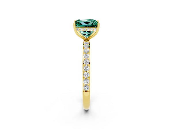 Yellow gold Princess Cut Green Sapphire Solitaire Ring with Pavé Band and Hidden Halo