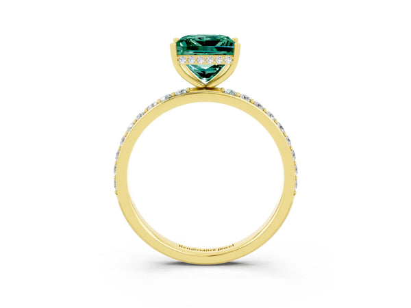 Yellow gold Princess Cut Green Sapphire Solitaire Ring with Pavé Band and Hidden Halo