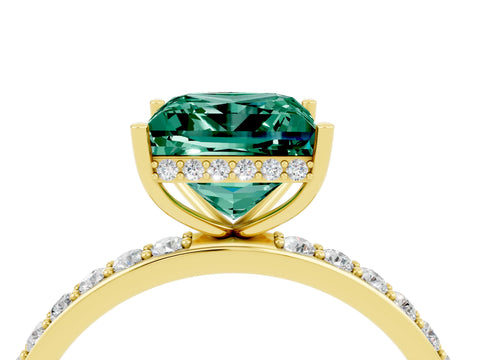 Yellow gold Princess Cut Green Sapphire Solitaire Ring with Pavé Band and Hidden Halo_16