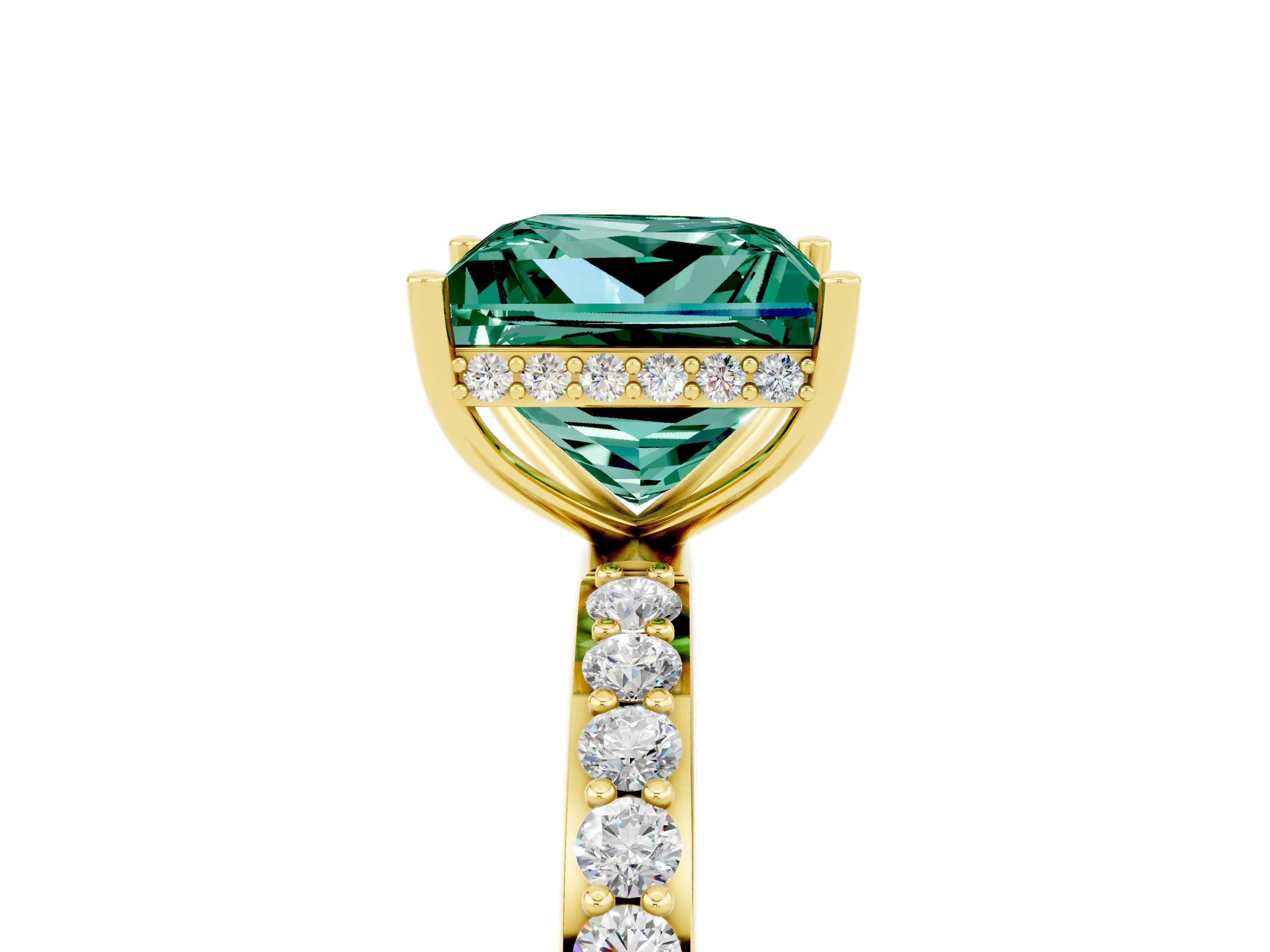 Yellow gold Princess Cut Green Sapphire Solitaire Ring with Pavé Band and Hidden Halo_17