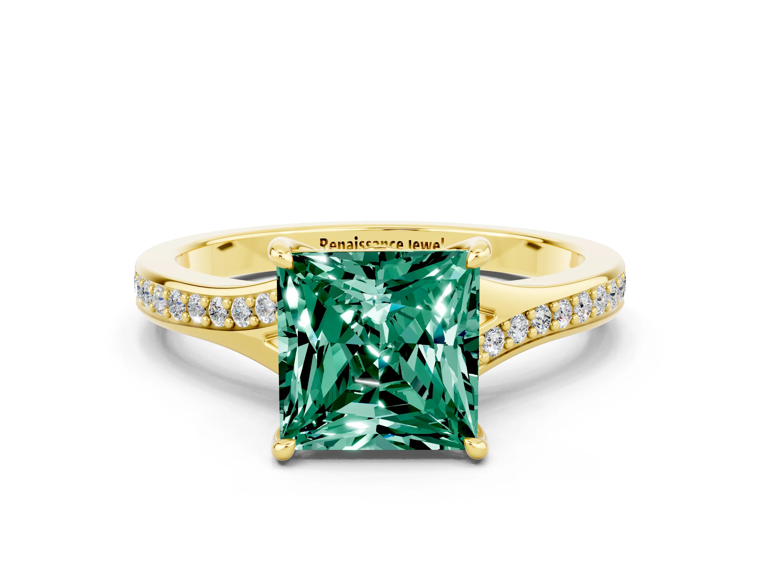 Yellow gold Princess Cut Green Sapphire Solitaire Ring with Pavé Band and Prong Setting