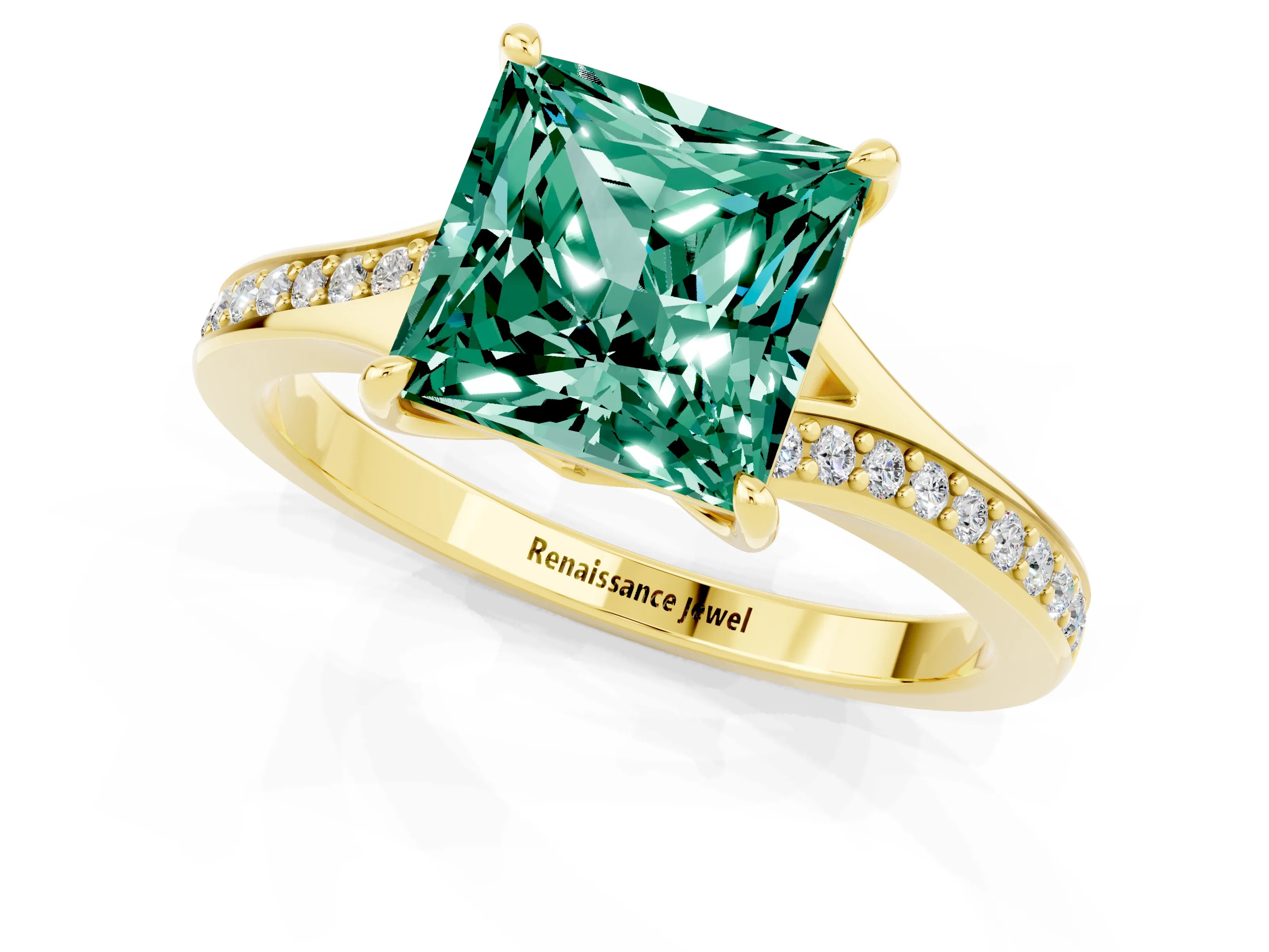 Yellow gold Princess Cut Green Sapphire Solitaire Ring with Pavé Band and Prong Setting_13