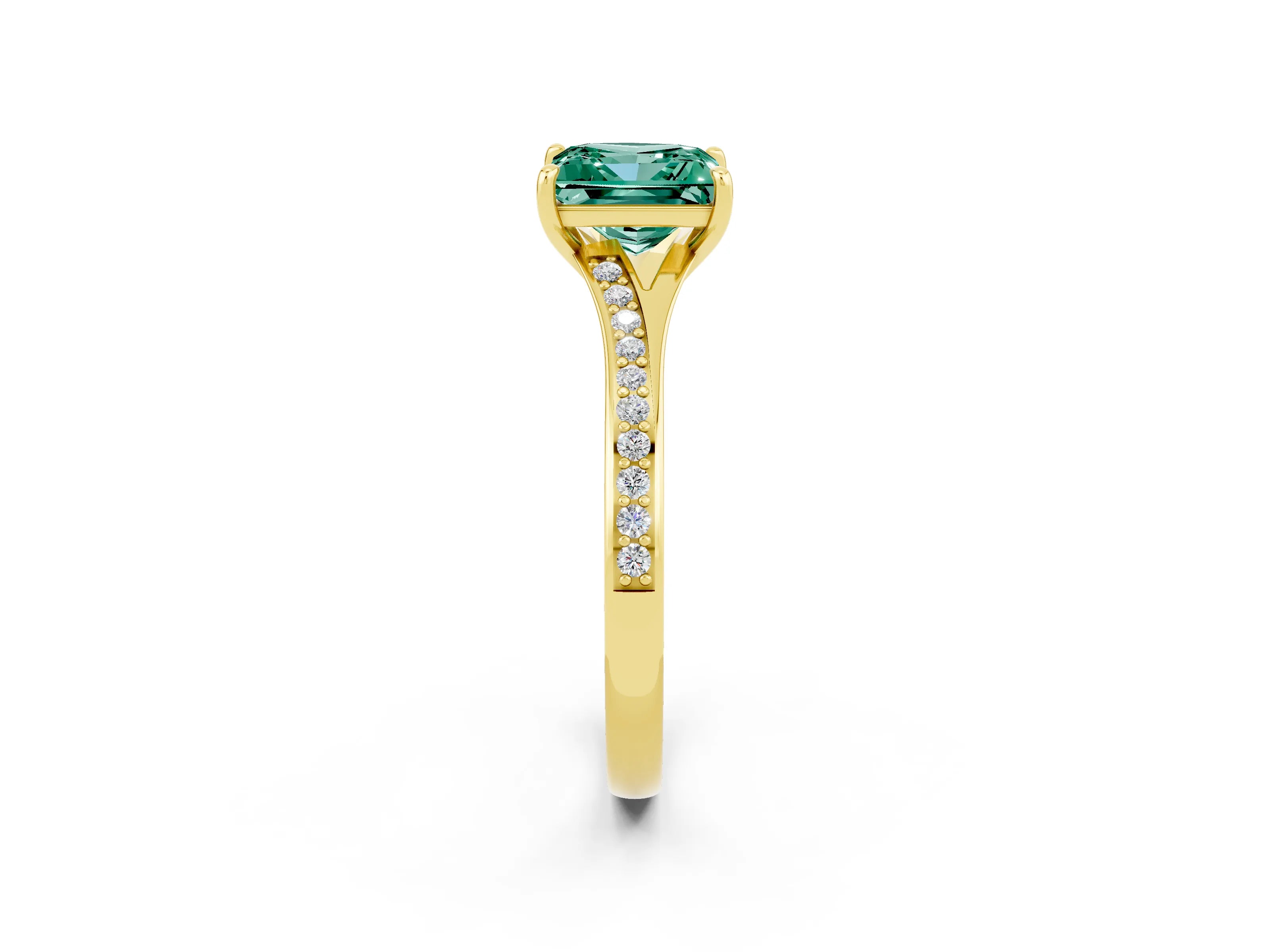 Yellow gold Princess Cut Green Sapphire Solitaire Ring with Pavé Band and Prong Setting_14