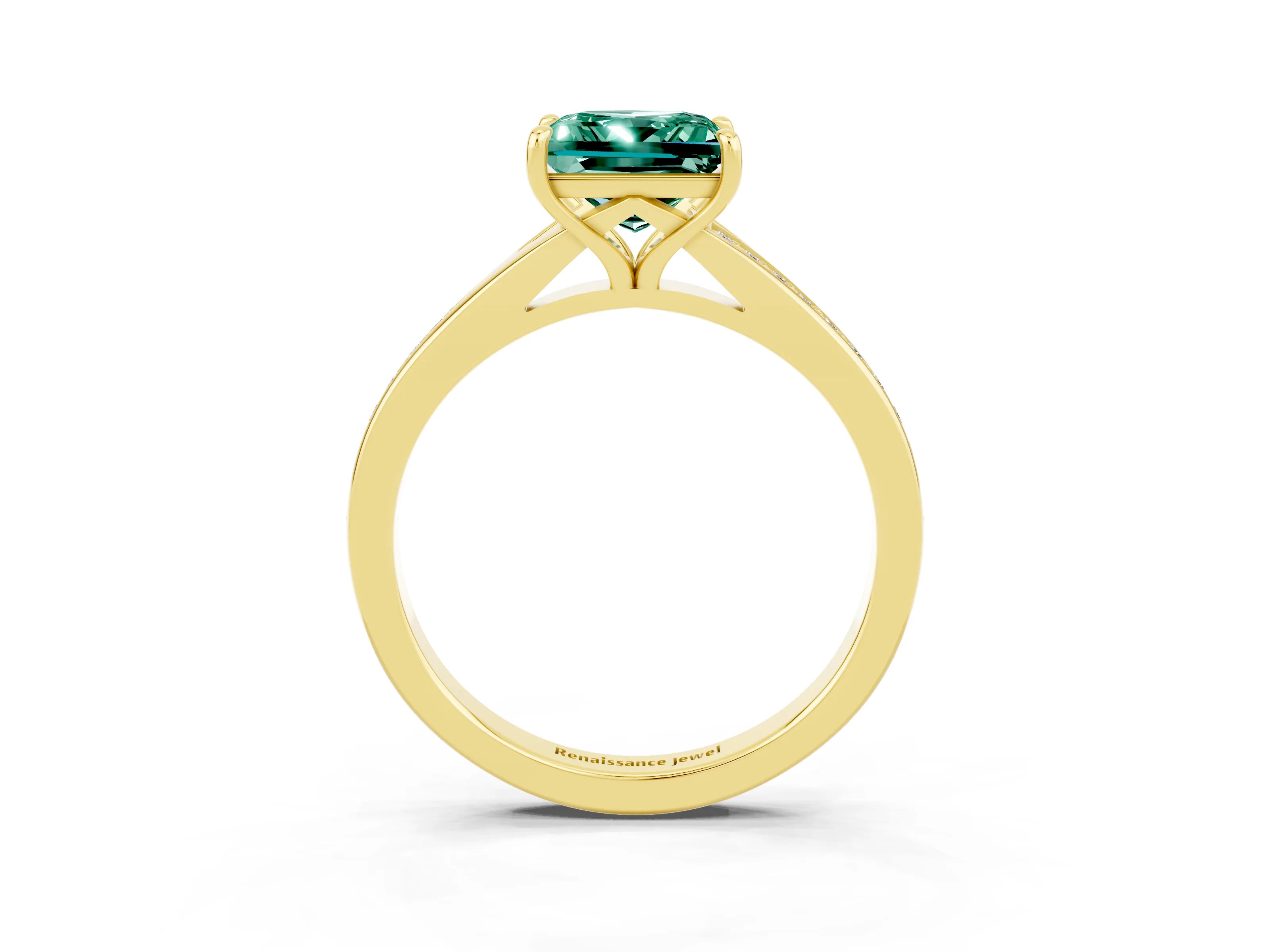 Yellow gold Princess Cut Green Sapphire Solitaire Ring with Pavé Band and Prong Setting_15