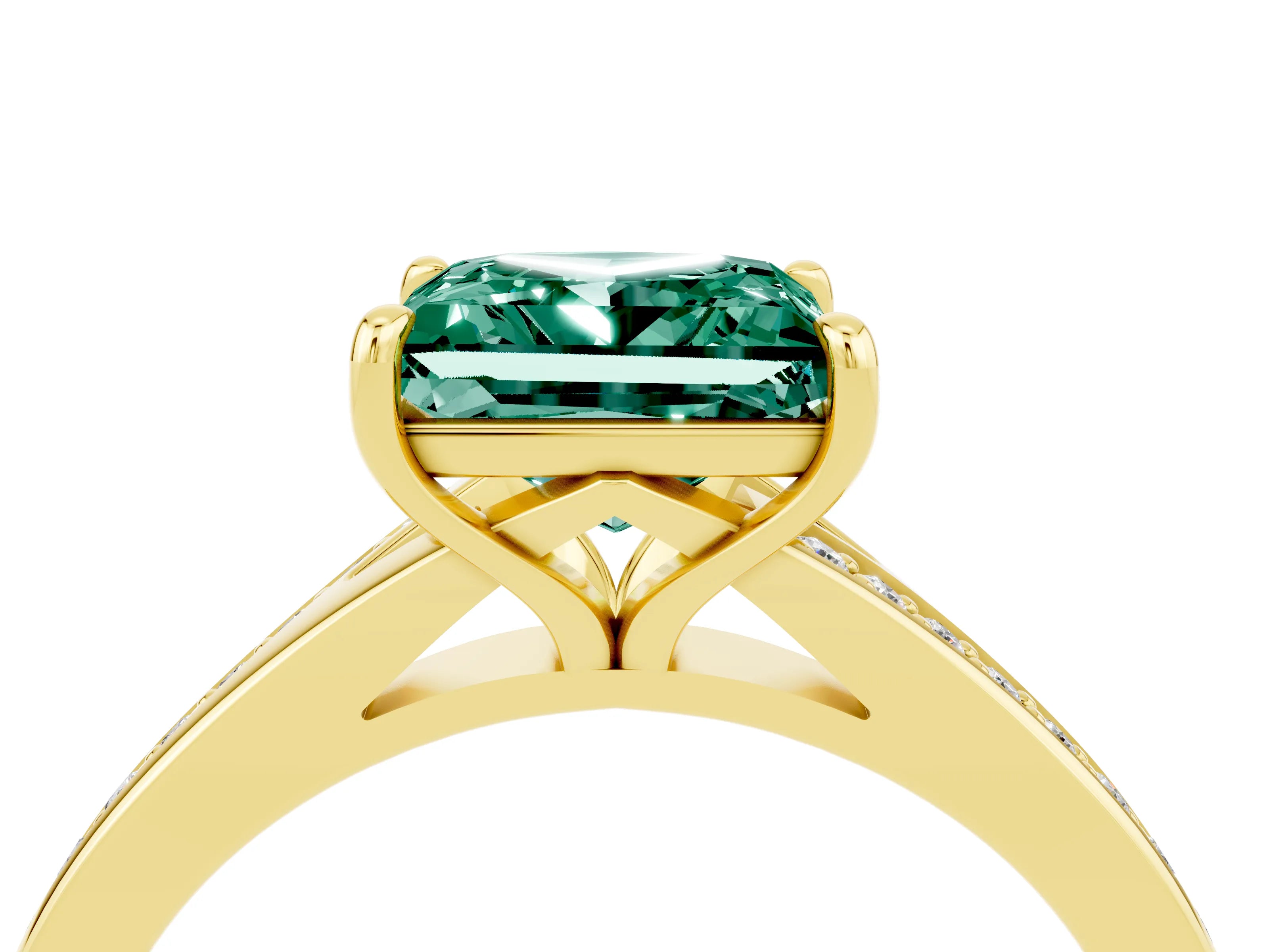 Yellow gold Princess Cut Green Sapphire Solitaire Ring with Pavé Band and Prong Setting_16