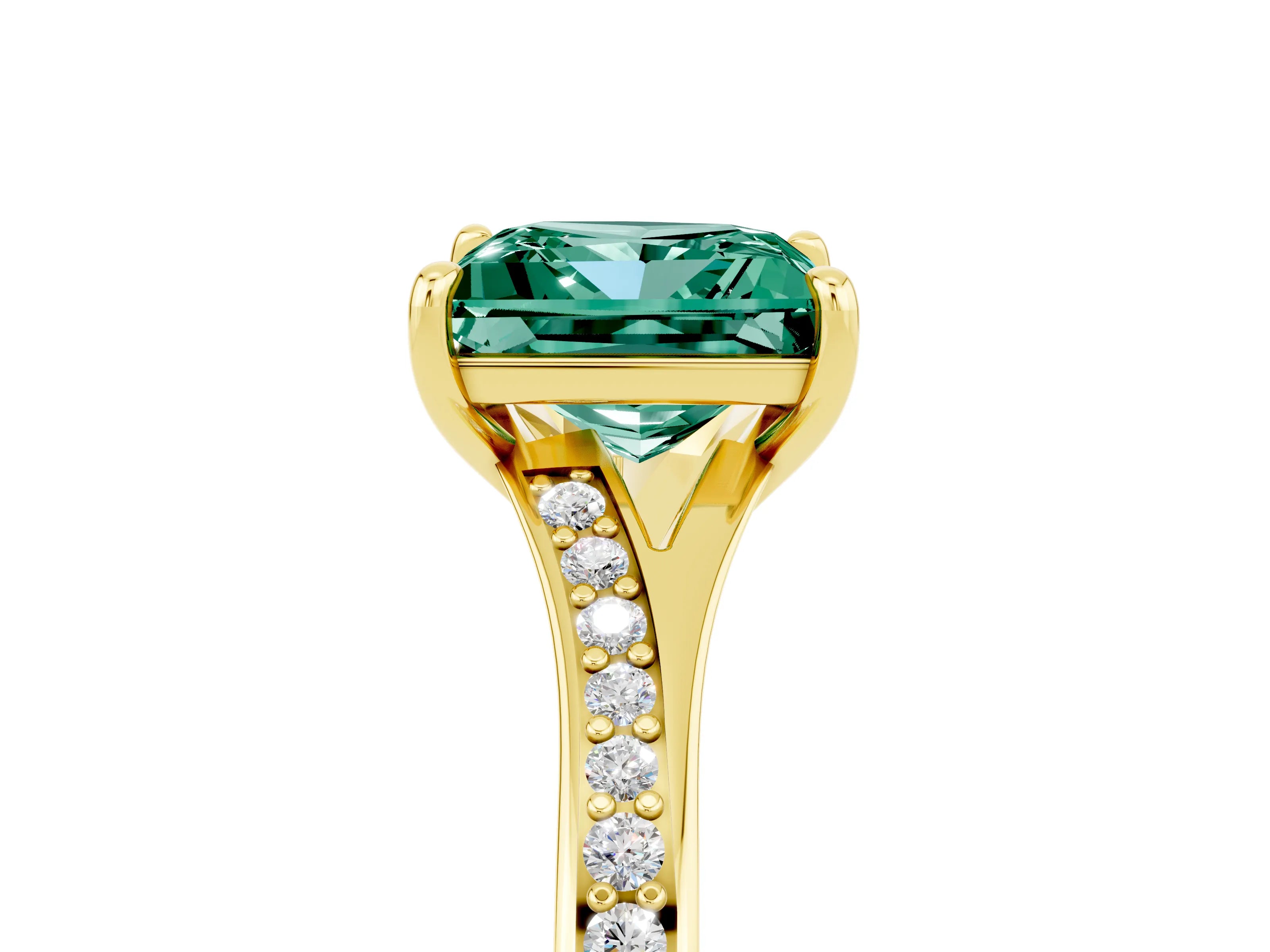Yellow gold Princess Cut Green Sapphire Solitaire Ring with Pavé Band and Prong Setting_17