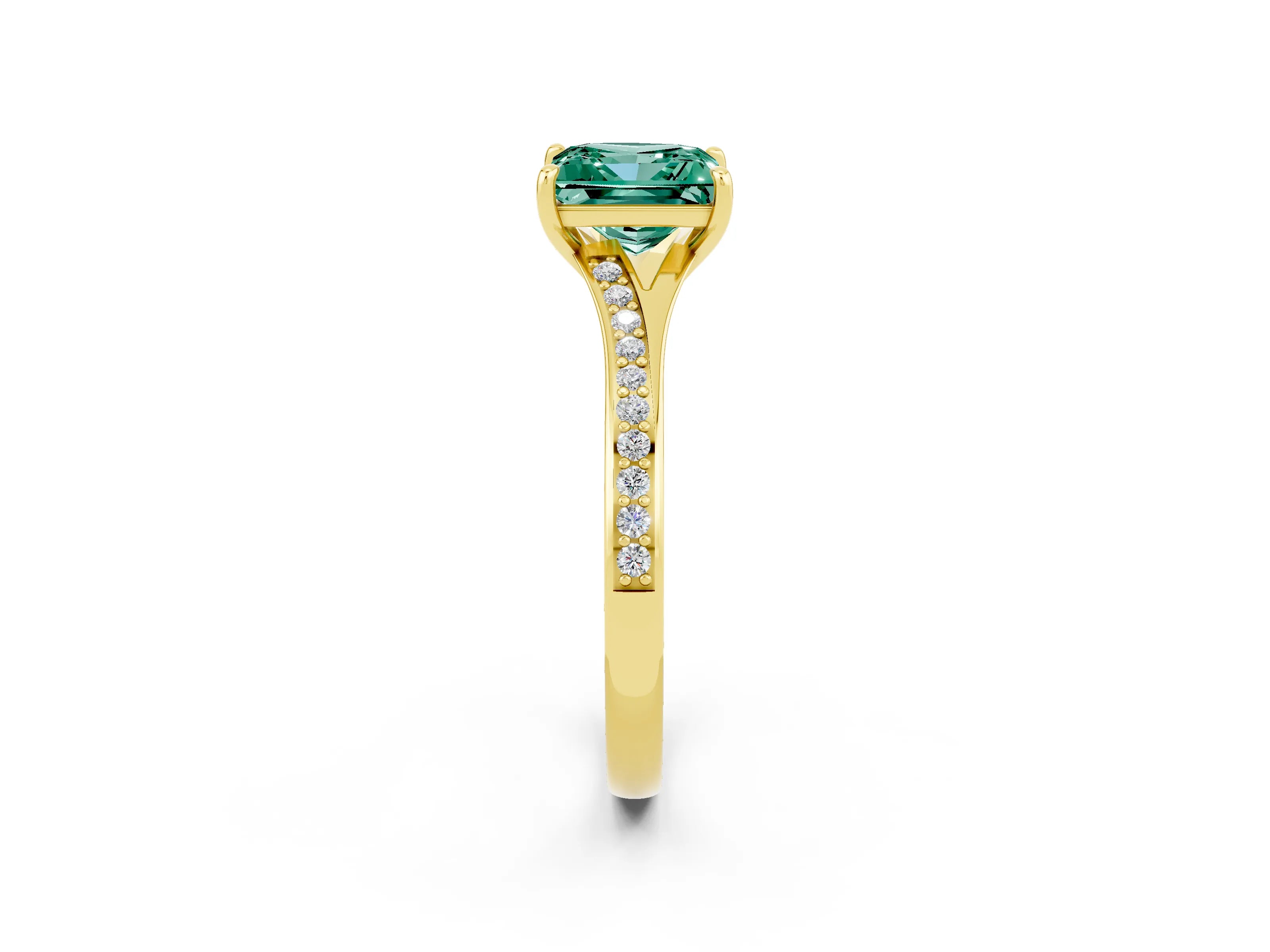 Yellow gold Princess Cut Green Sapphire Solitaire Ring with Pavé Band and Prong Setting_2
