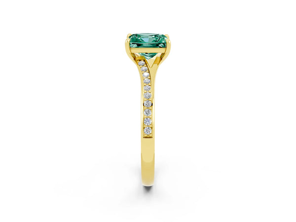 Yellow gold Princess Cut Green Sapphire Solitaire Ring with Pavé Band and Prong Setting