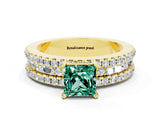 Yellow gold Princess Cut Green Sapphire Solitaire Ring with Pavé and Channel Set Band