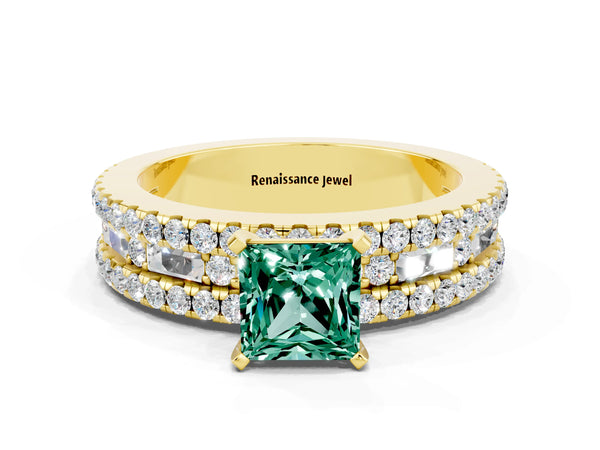 Yellow gold Princess Cut Green Sapphire Solitaire Ring with Pavé and Channel Set Band