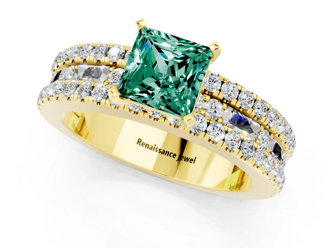 Yellow gold Princess Cut Green Sapphire Solitaire Ring with Pavé and Channel Set Band_1