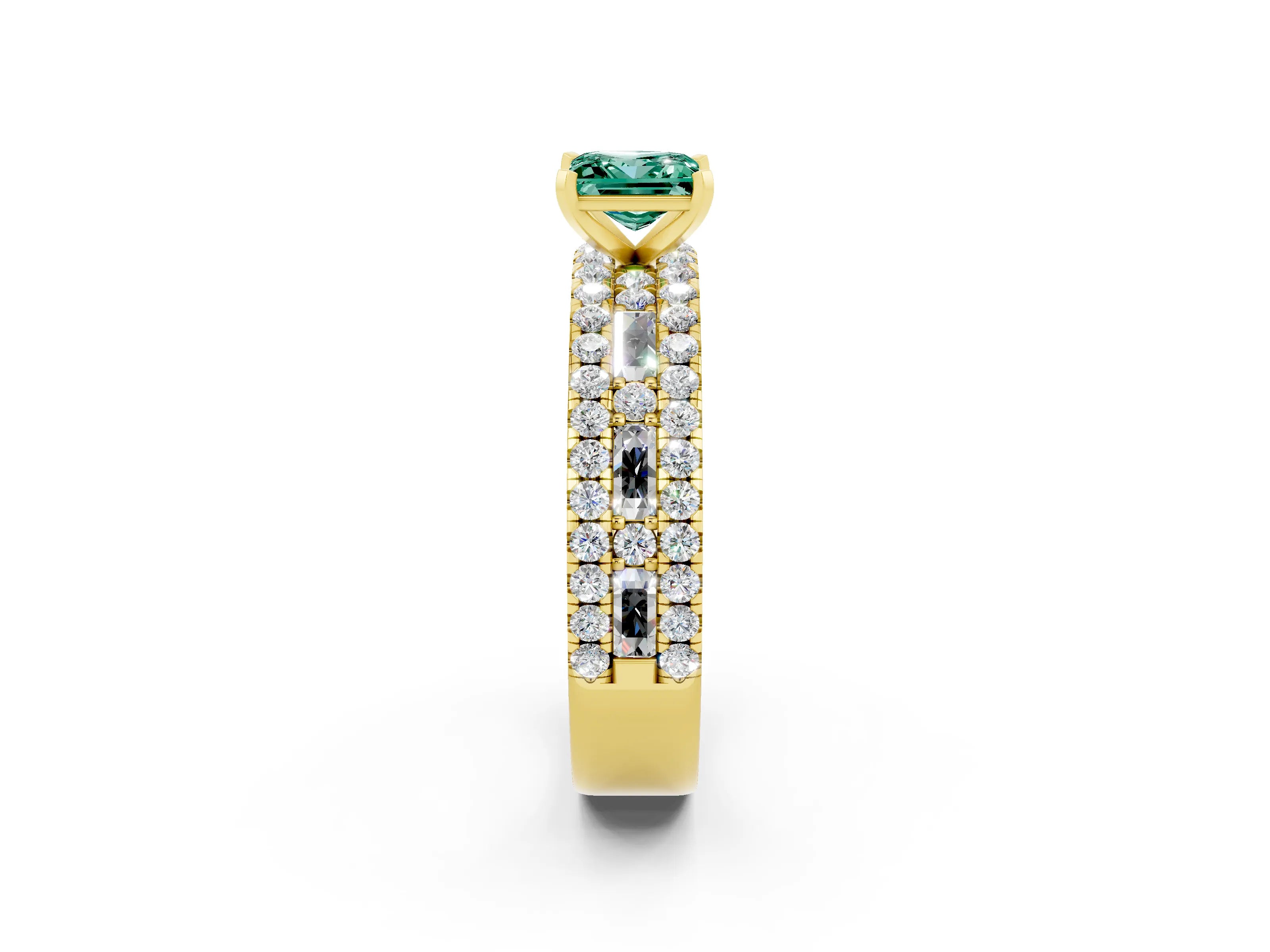 Yellow gold Princess Cut Green Sapphire Solitaire Ring with Pavé and Channel Set Band_2