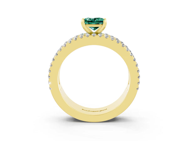 Yellow gold Princess Cut Green Sapphire Solitaire Ring with Pavé and Channel Set Band