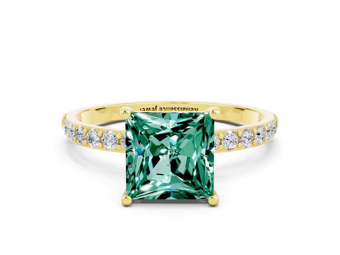 Yellow gold Princess Cut Green Sapphire Solitaire Ring with Pave Band and Four Prong Setting_24