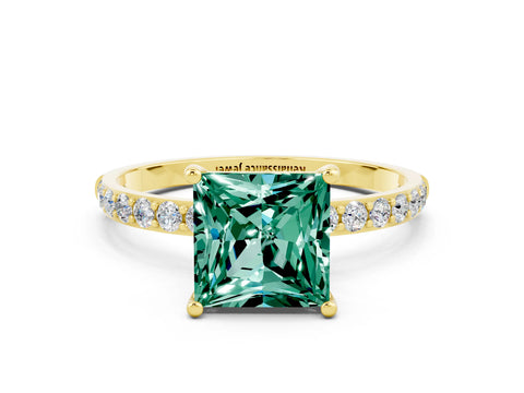 Yellow gold Princess Cut Green Sapphire Solitaire Ring with Pave Band and Four Prong Setting_24