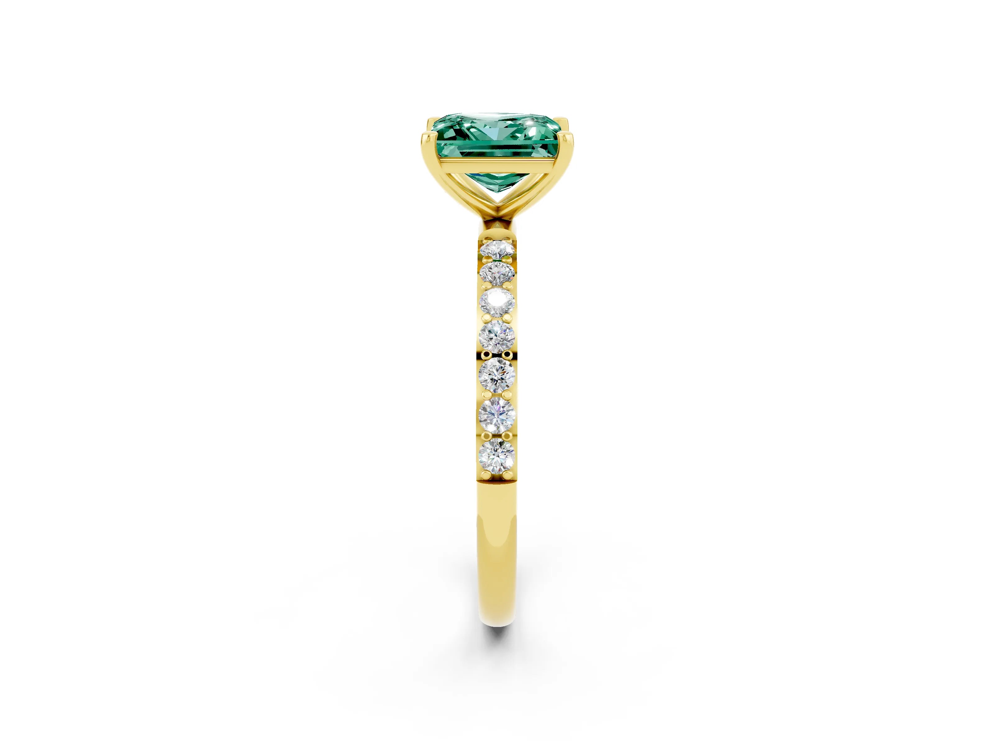 Yellow gold Princess Cut Green Sapphire Solitaire Ring with Pave Band and Four Prong Setting_26