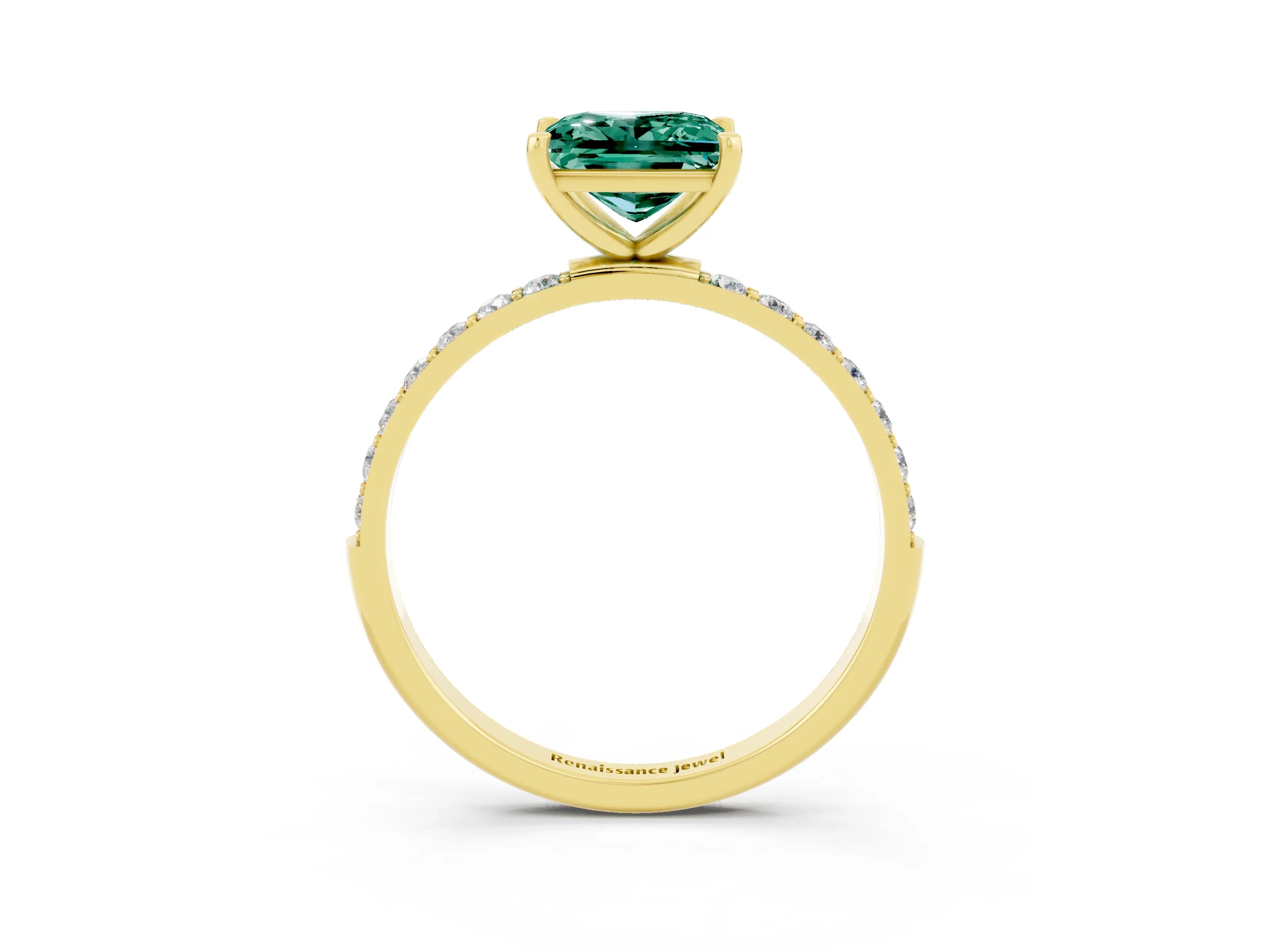 Yellow gold Princess Cut Green Sapphire Solitaire Ring with Pave Band and Four Prong Setting_27