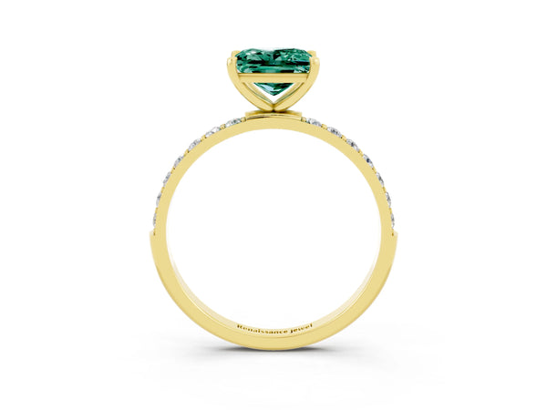 Yellow gold Princess Cut Green Sapphire Solitaire Ring with Round  Pavé Band and Prong Setting