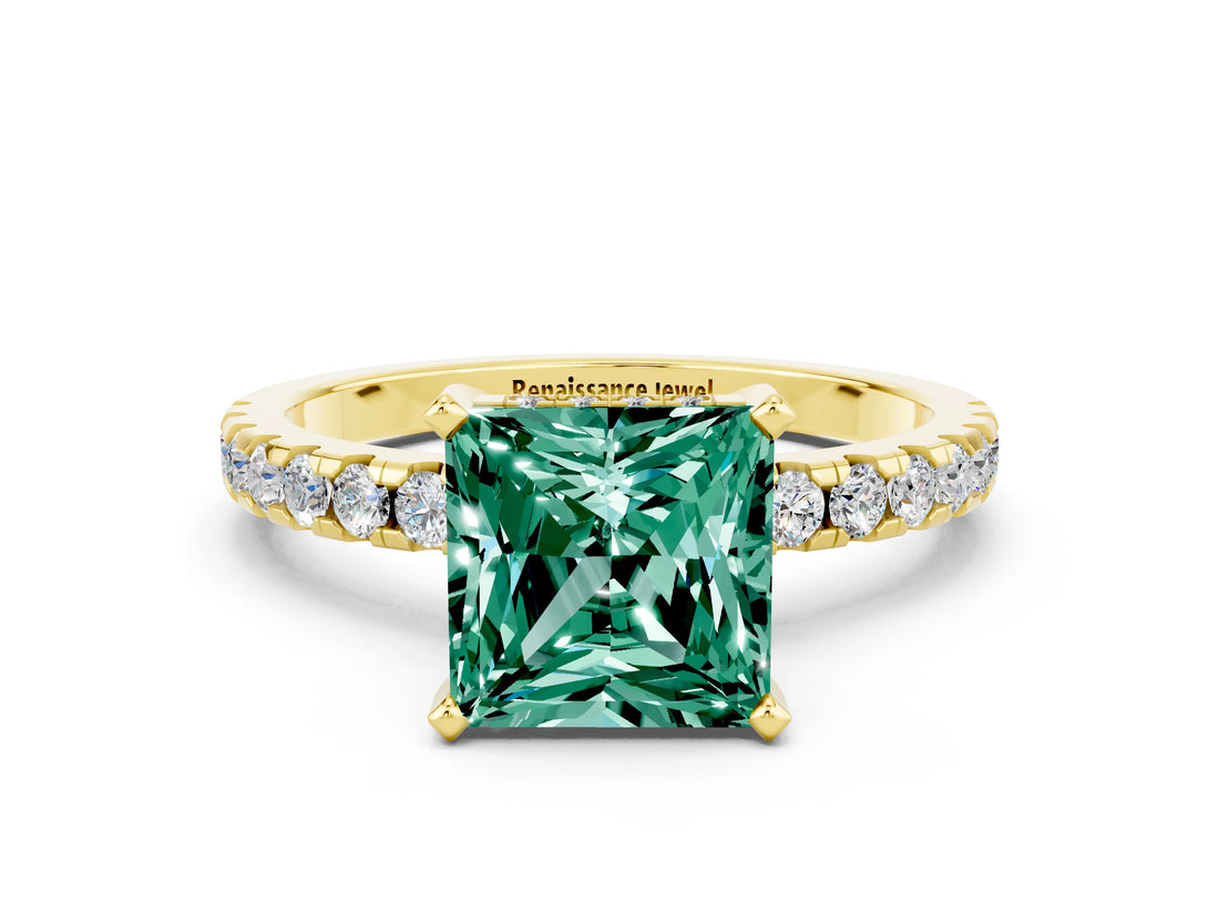 Yellow gold Princess Cut Green Sapphire Solitaire Ring with Round  Pavé Band and Four-Prong Setting_36