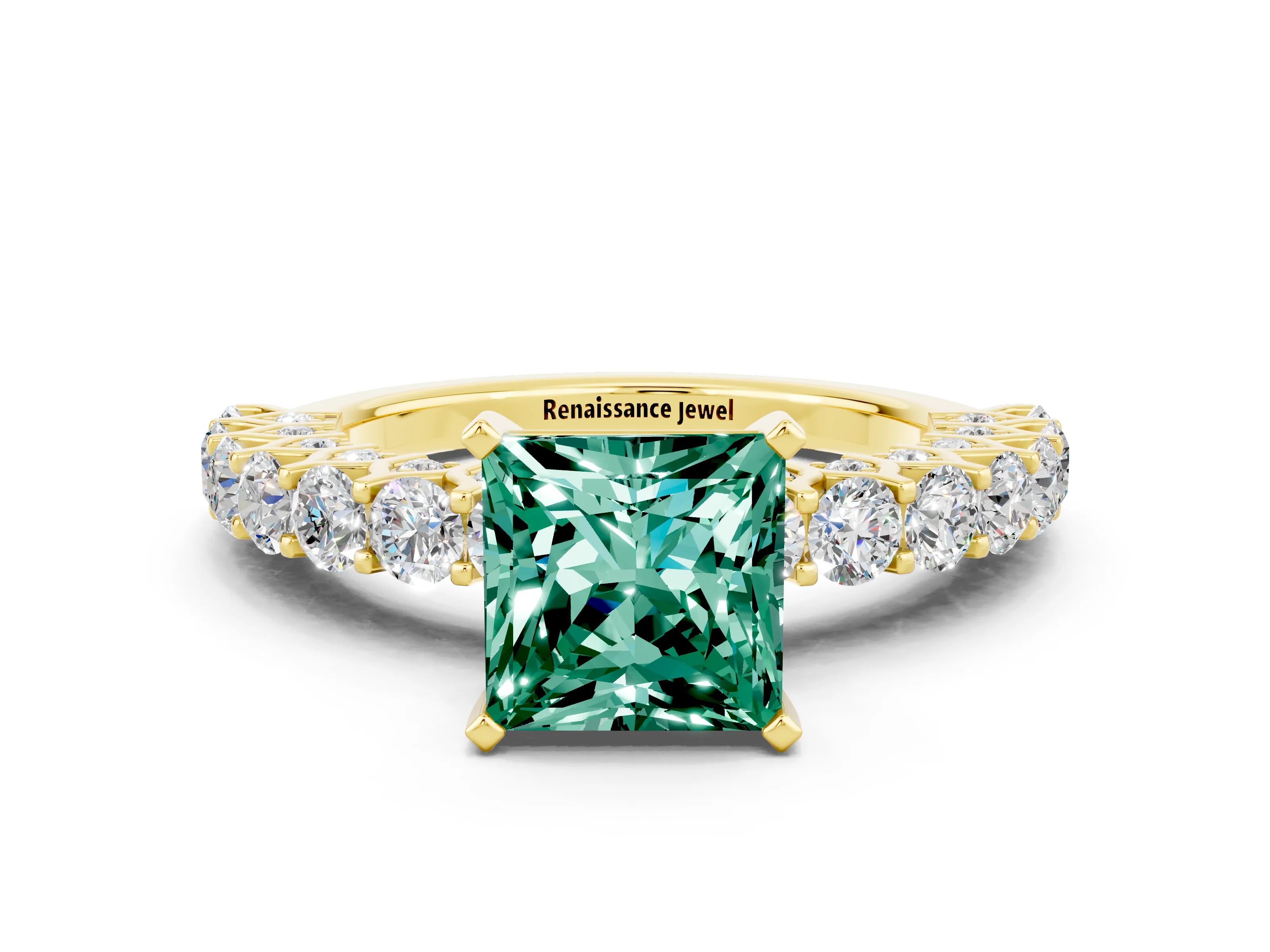 Yellow gold Princess Cut Green Sapphire Solitaire Ring with Shared Prong Pavé Band and Four-Prong Setting