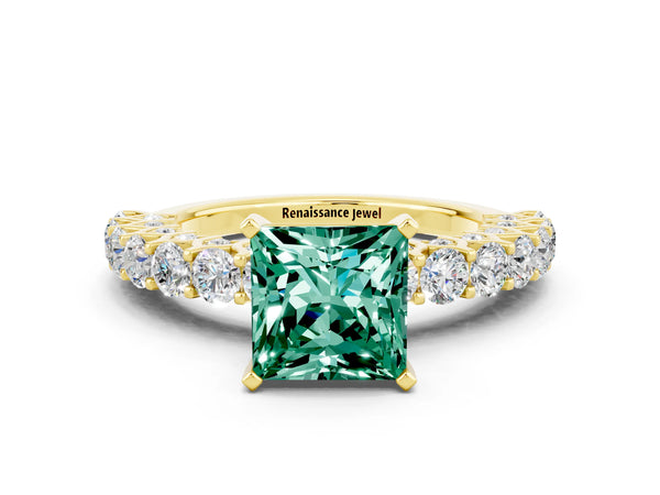 Yellow gold Princess Cut Green Sapphire Solitaire Ring with Shared Prong Pavé Band and Four-Prong Setting
