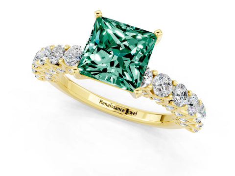 Yellow gold Princess Cut Green Sapphire Solitaire Ring with Shared Prong Pavé Band and Four-Prong Setting_1