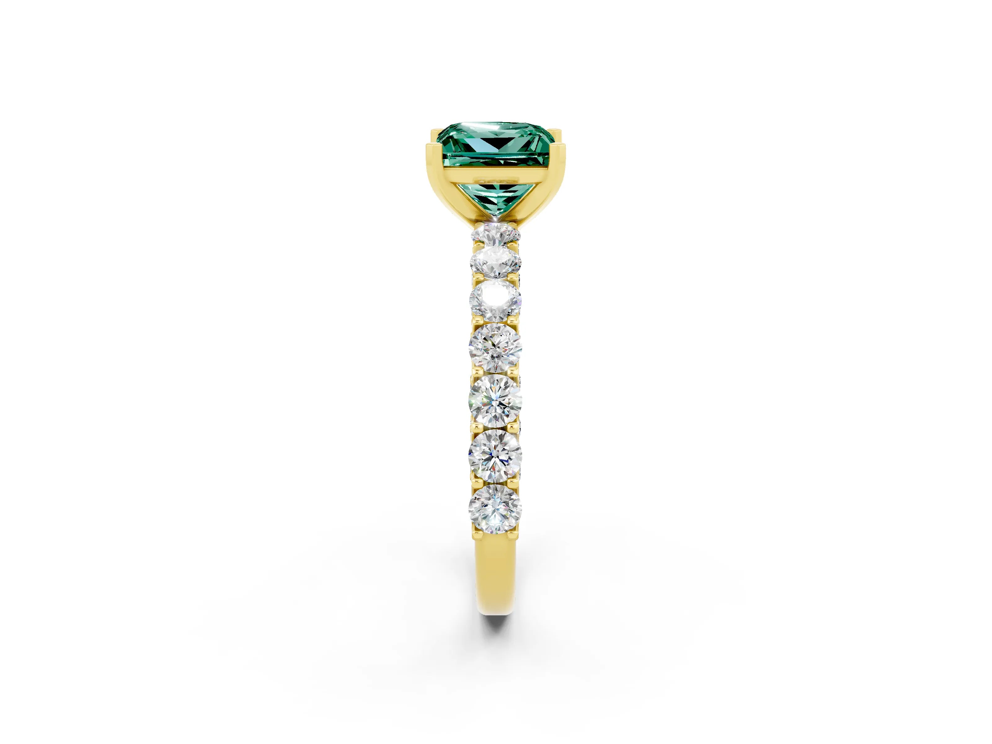 Yellow gold Princess Cut Green Sapphire Solitaire Ring with Shared Prong Pavé Band and Four-Prong Setting_2