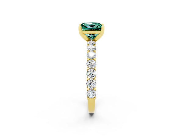 Yellow gold Princess Cut Green Sapphire Solitaire Ring with Shared Prong Pavé Band and Four-Prong Setting