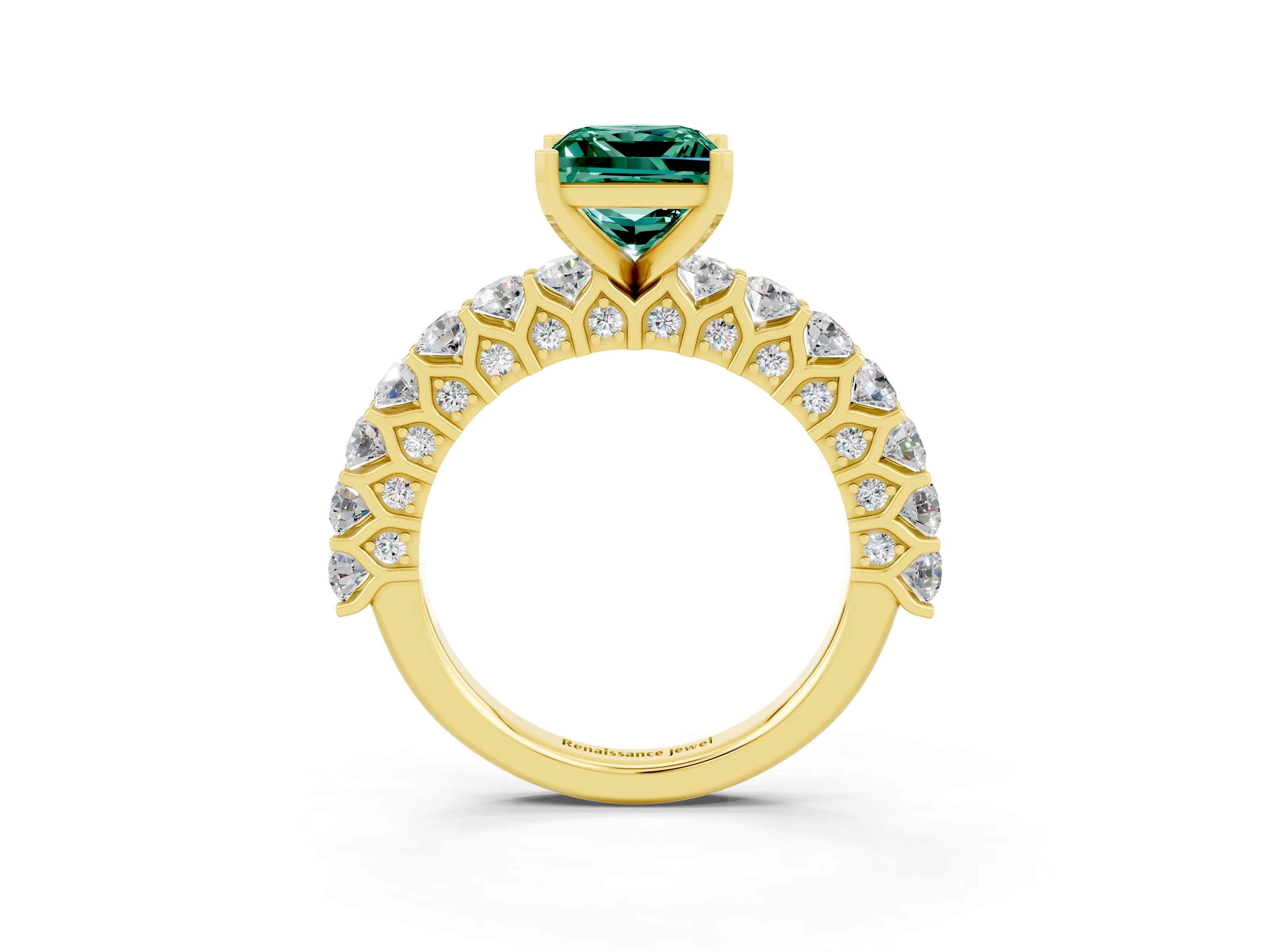 Yellow gold Princess Cut Green Sapphire Solitaire Ring with Shared Prong Pavé Band and Four-Prong Setting_3