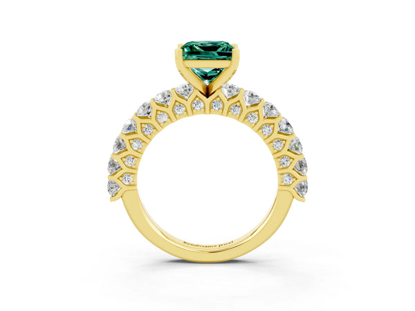 Yellow gold Princess Cut Green Sapphire Solitaire Ring with Shared Prong Pavé Band and Four-Prong Setting