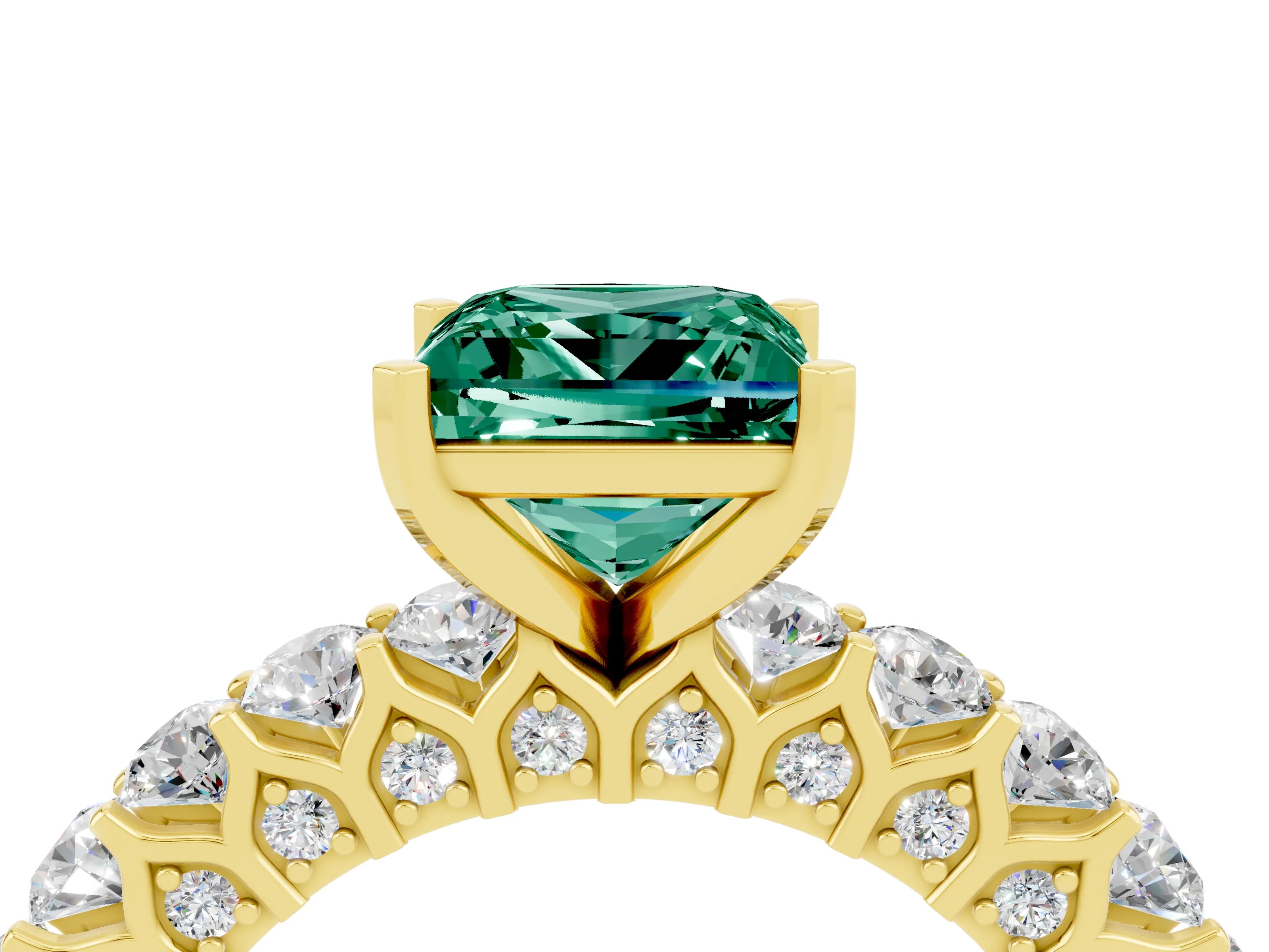 Yellow gold Princess Cut Green Sapphire Solitaire Ring with Shared Prong Pavé Band and Four-Prong Setting_4