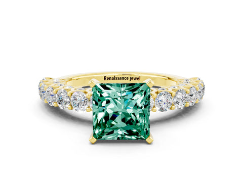 Yellow gold Princess Cut Green Sapphire Solitaire Ring with Shared Prong Pavé Band and Four-Prong Setting