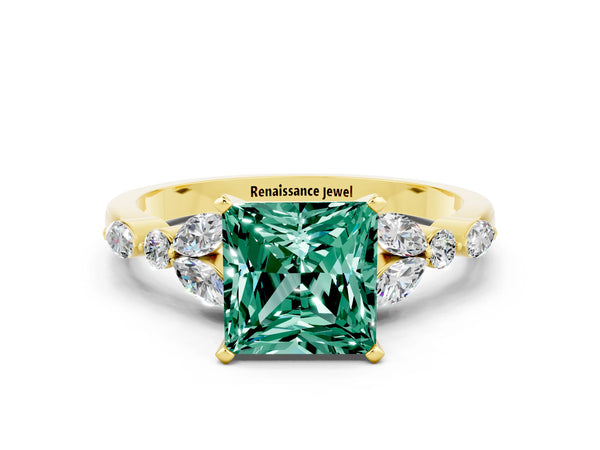 Yellow gold Princess Cut Green Sapphire Solitaire Ring with Side Stones and Four-Prong Setting