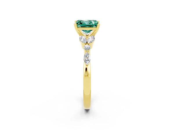 Yellow gold Princess Cut Green Sapphire Solitaire Ring with Side Stones and Four-Prong Setting