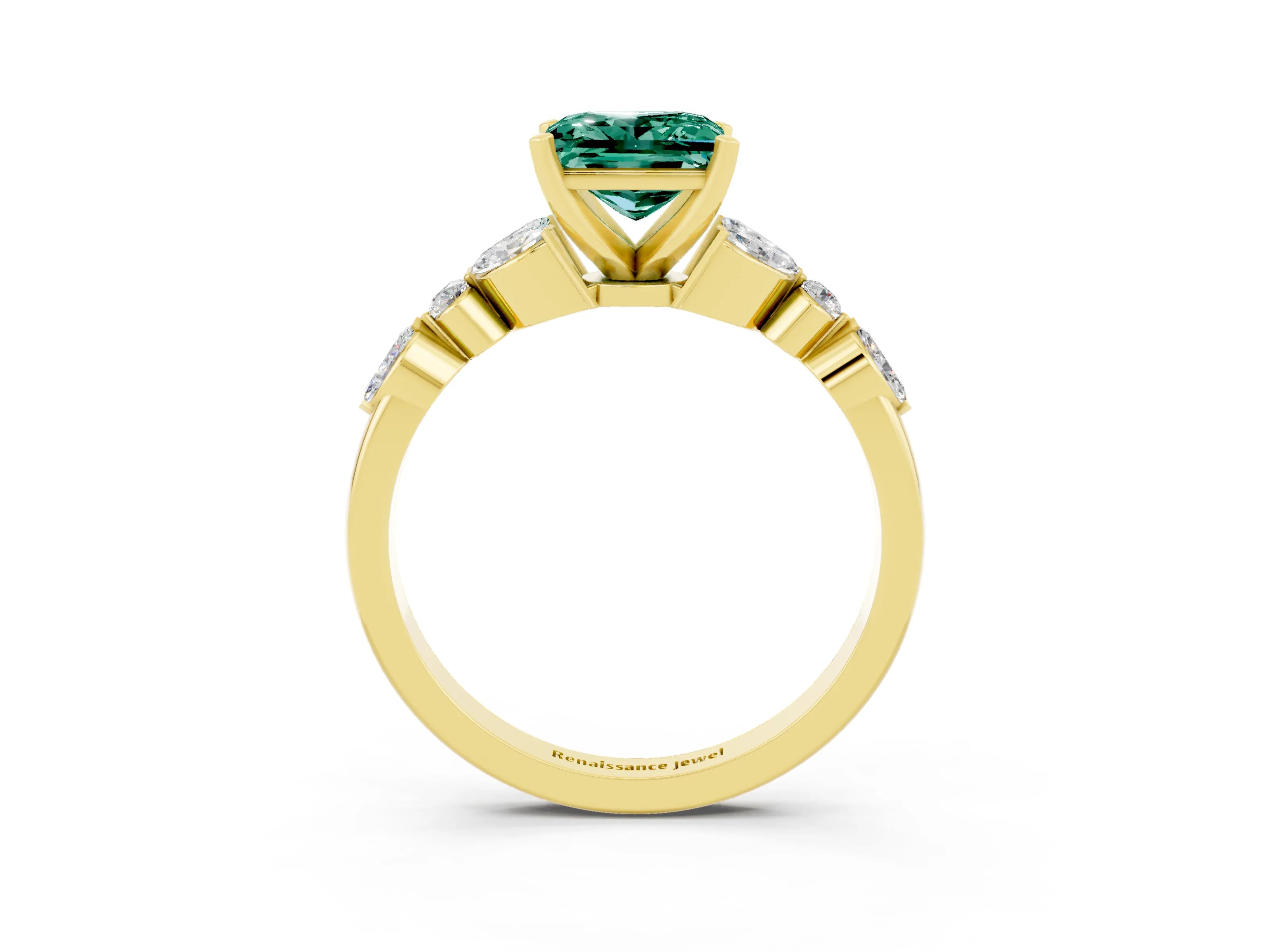 Yellow gold Princess Cut Green Sapphire Solitaire Ring with Side Stones and Four-Prong Setting_15