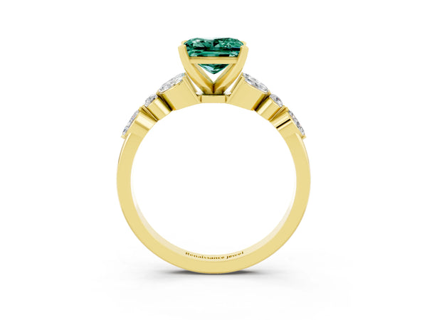 Yellow gold Princess Cut Green Sapphire Solitaire Ring with Side Stones and Four-Prong Setting