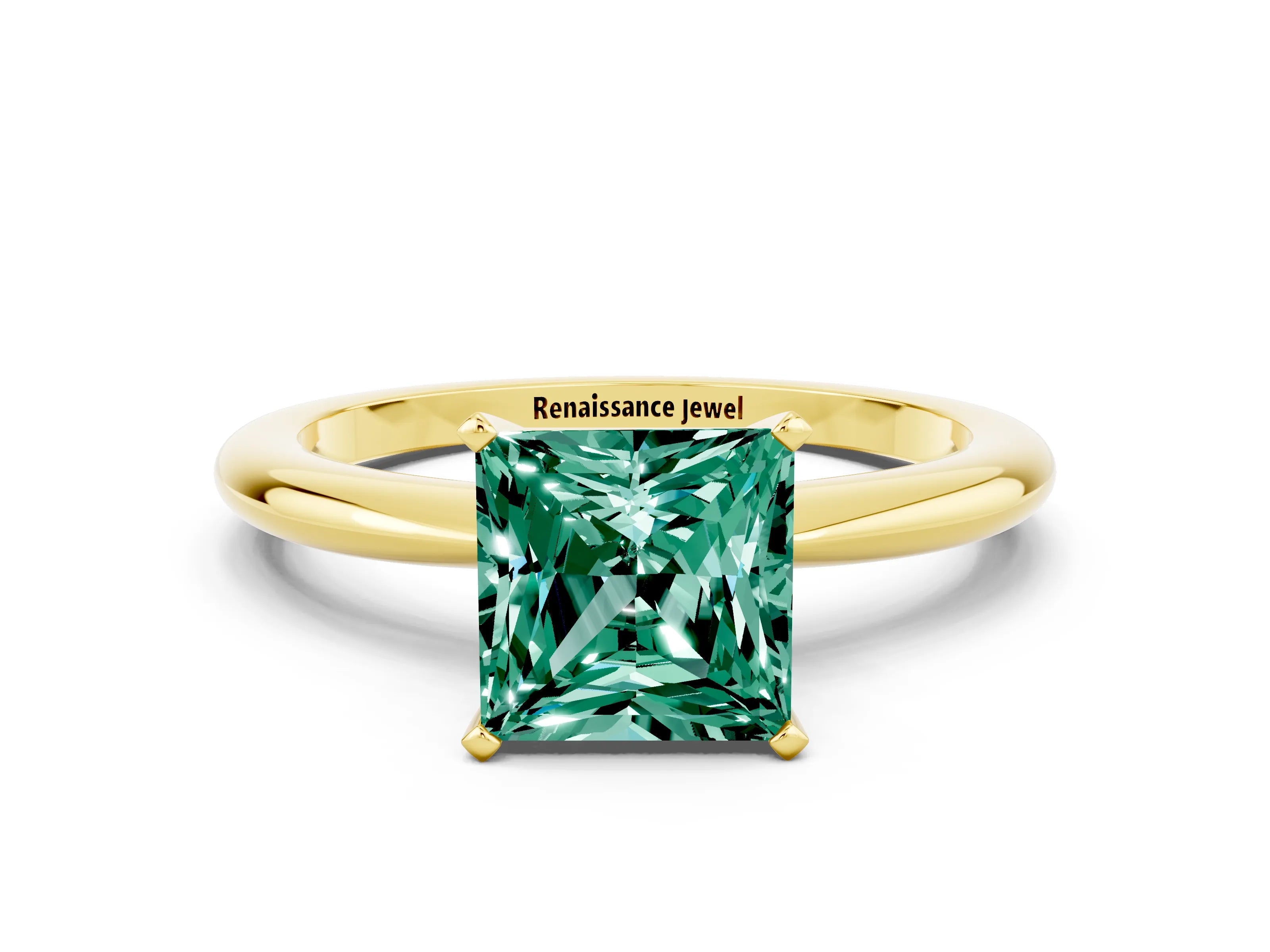 Yellow gold Princess Cut Green Sapphire Solitaire Ring with Six-Prong Setting and Classic Band