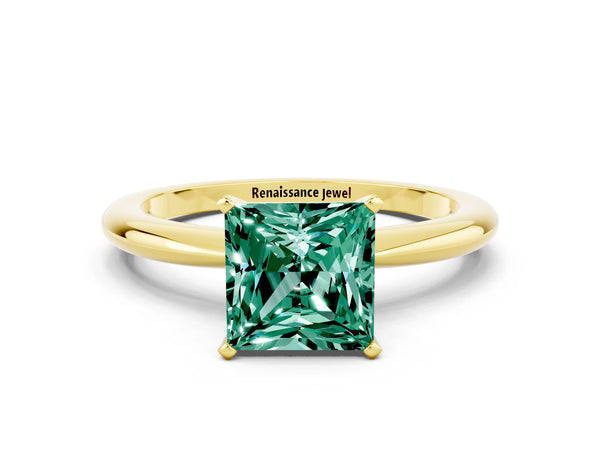 Yellow gold Princess Cut Green Sapphire Solitaire Ring with Six-Prong Setting and Classic Band