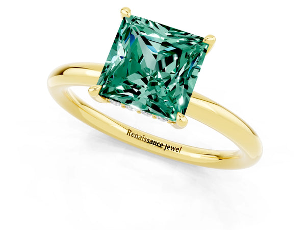 Yellow gold Princess Cut Green Sapphire Solitaire Ring with Thin Band and Four-Prong Setting