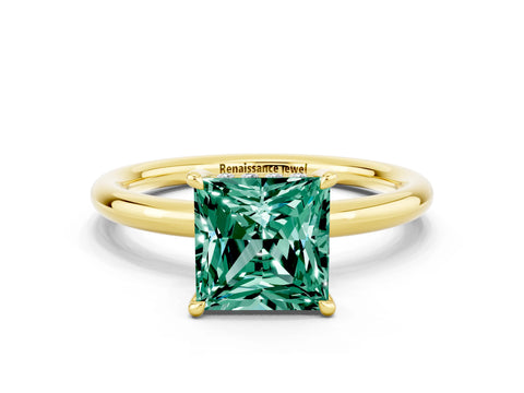 Yellow gold Princess Cut Green Sapphire Solitaire Ring with Thin Band and Four-Prong Setting